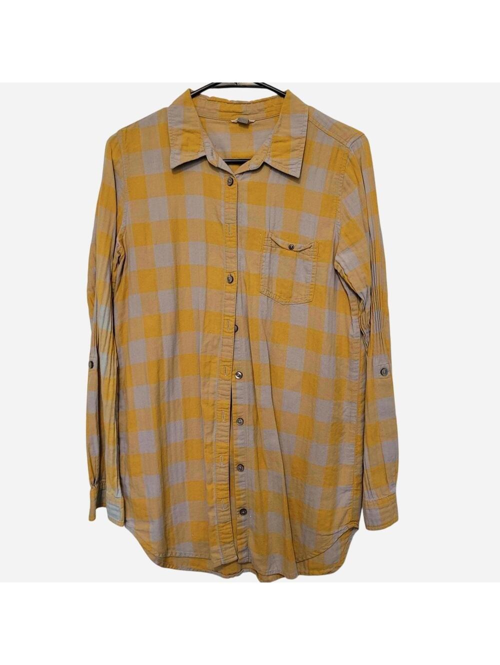 00s Y2K Fossil Mustard Yellow and Gray Checkered Button Up Shirt Vintage Medium